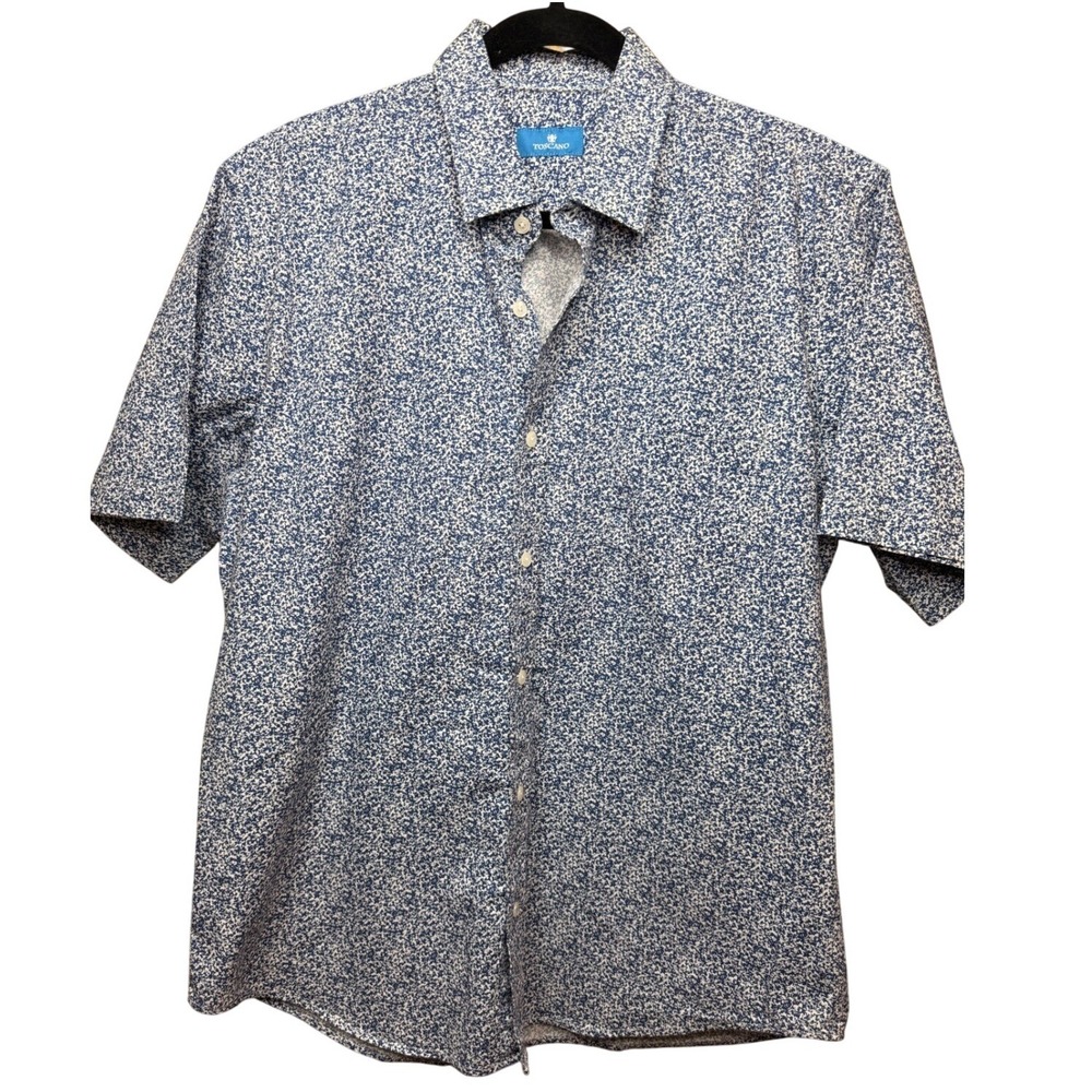 Toscano Patrick Assaraf Mens Blue White Speckle Print Cotton Button Down Shirt L
